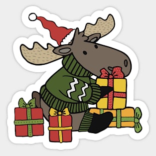 Christmas card with Santa’s helper The Moose gathering the gifts Sticker